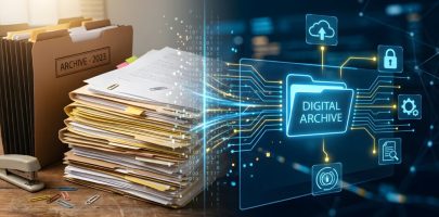 Paper Documents Transforming Into Digital Archive System Showing File Digitization Cloud Storage and Business Data Management